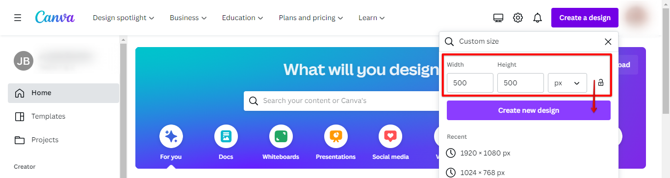 Enter custom size for your Canva design