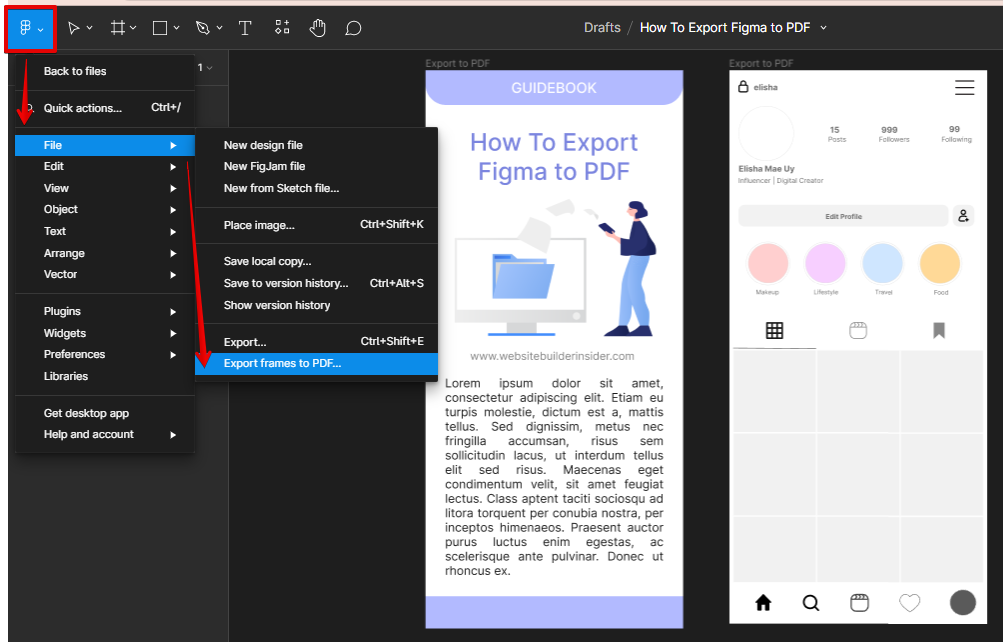 Export Figma to PDF through the File menu