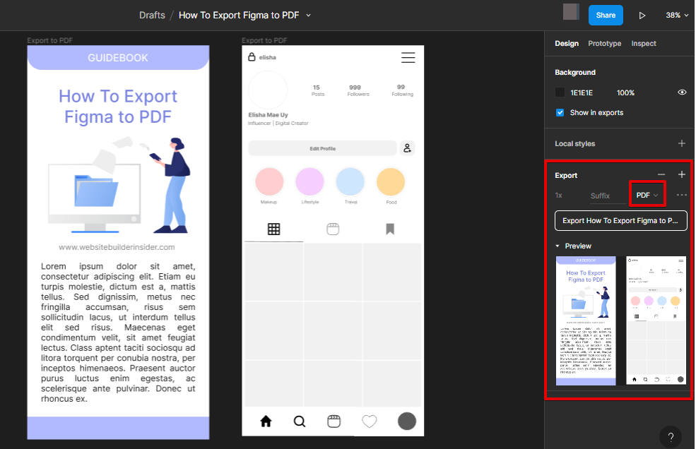 Export Figma to PDF through the right sidebar