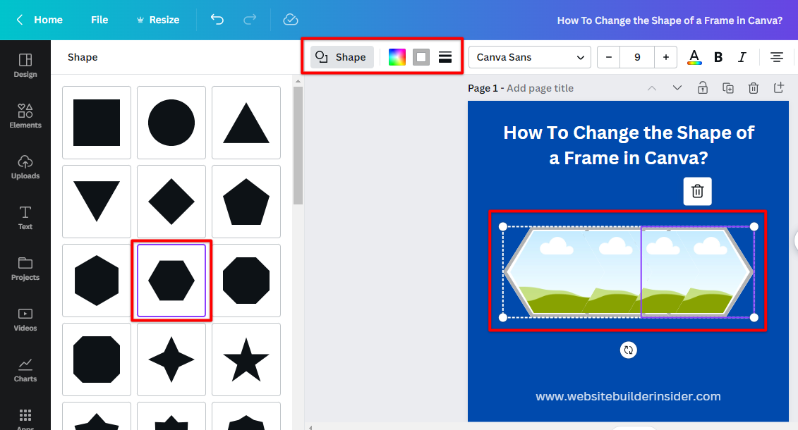 Freeform hexagon shape frame in Canva