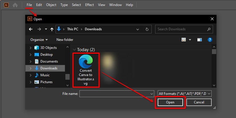 Go to Adobe Illustrator File menu and click Open then find the Canva file you downloaded and click open
