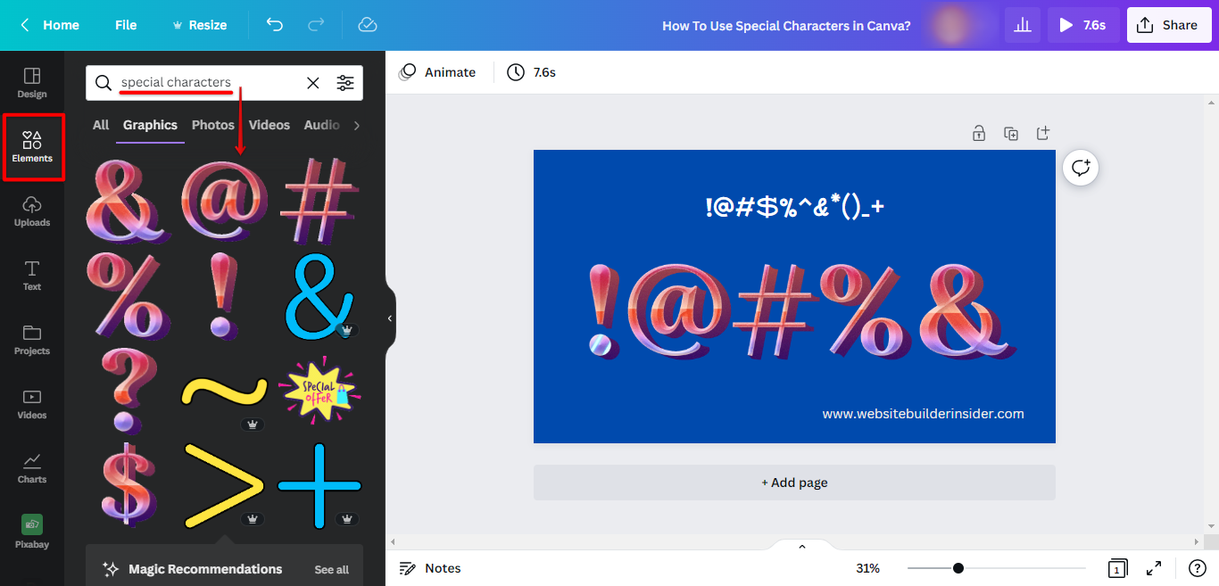 Go to Canva elements and search special characters