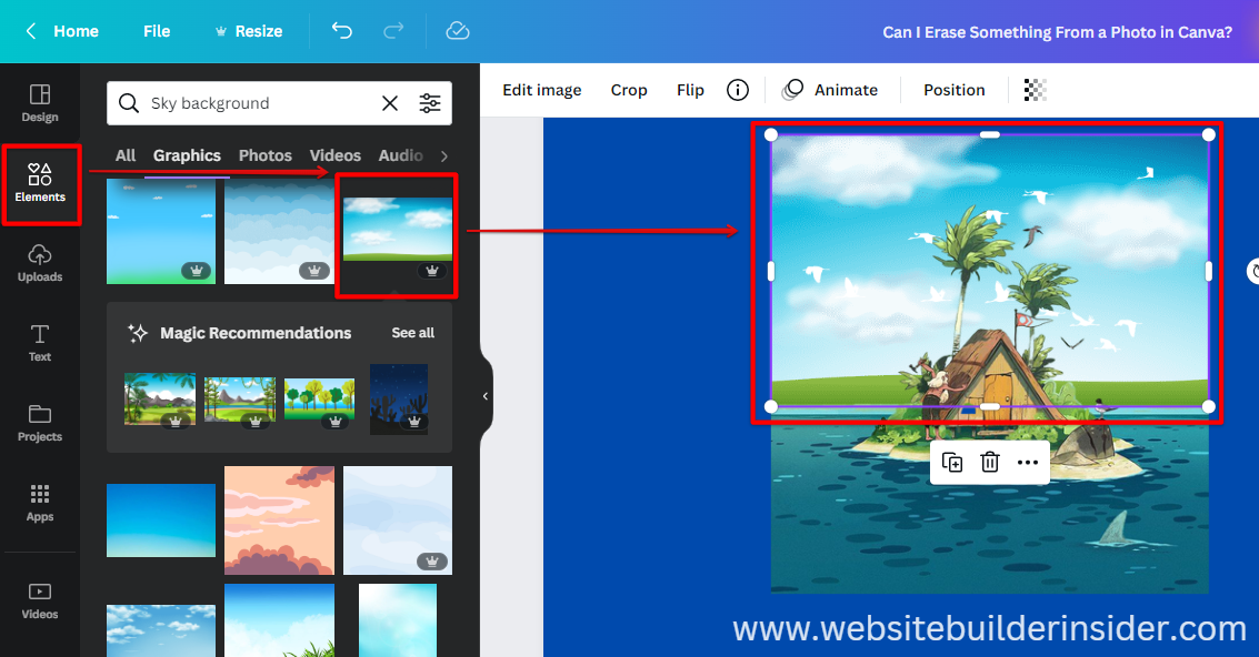 Go to Canva Elements tab and search for a background you want to use and drag it to your document