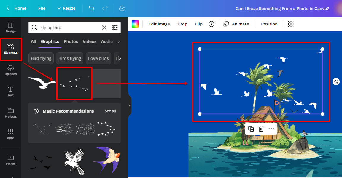 Go to Canva Elements tab, search for elements you want to add then drag it to your Canva document