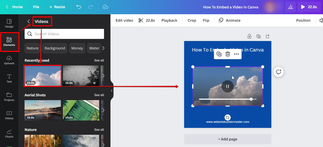 Go to Canva elements video and select the video you want to embed in Canva document