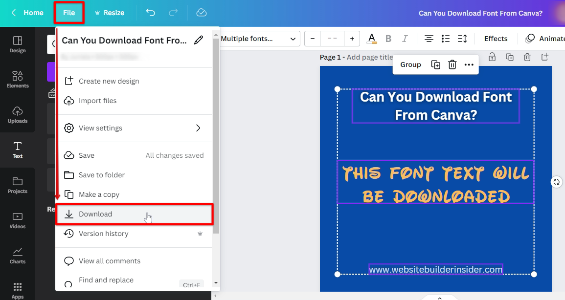 Go to Canva file menu and click Download