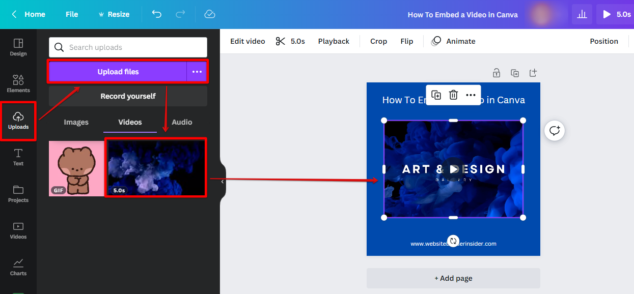 Go to Canva uploads tab and click upload file video then drag and drop i to your document