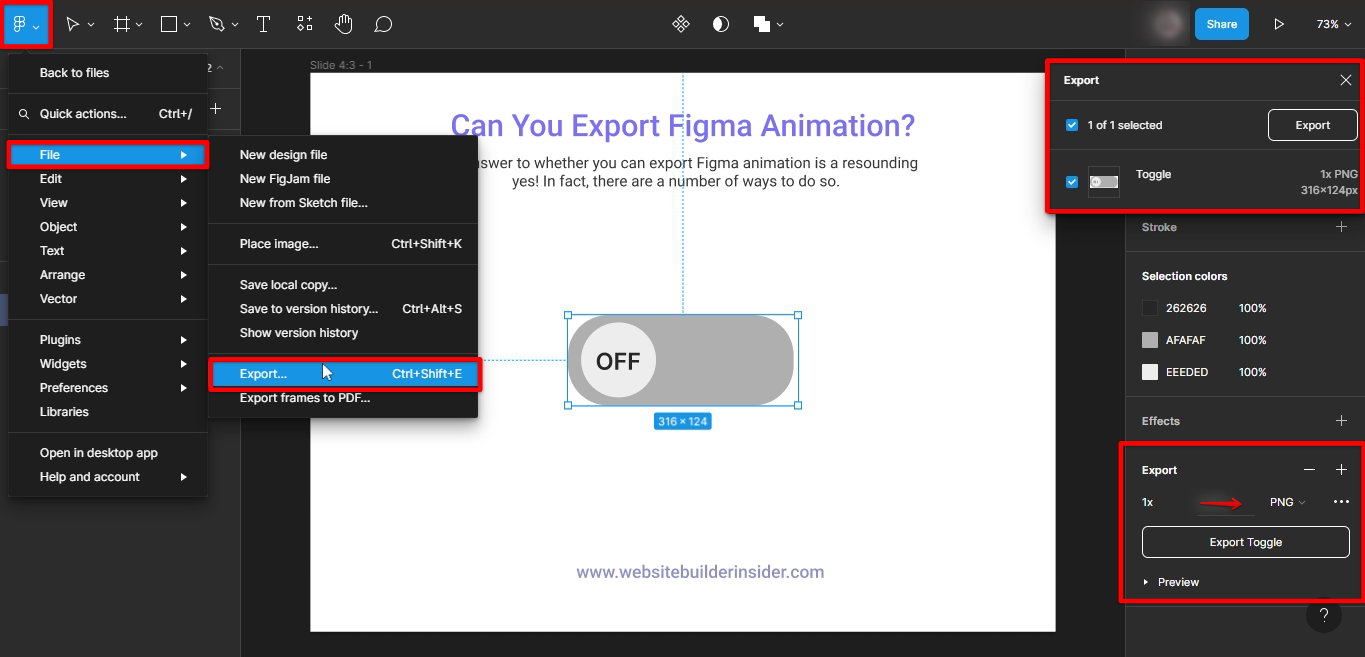 Go to Figma File menu and click Export then find the Animation file format