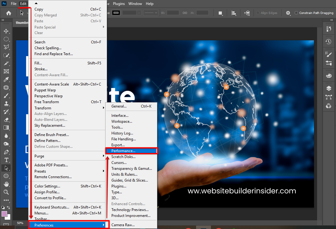 Go to Photoshop Edit menu and click Performances under the Preferences menu
