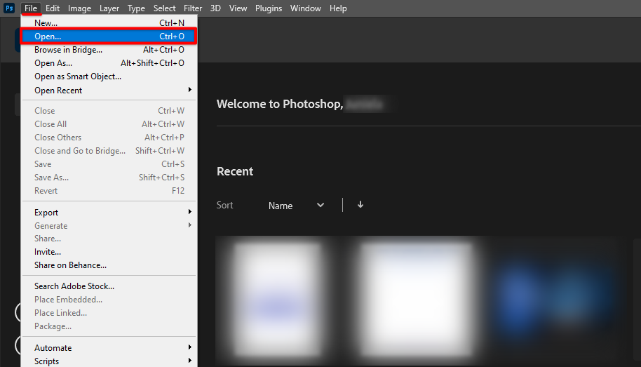 Go to Photoshop file menu and click Open