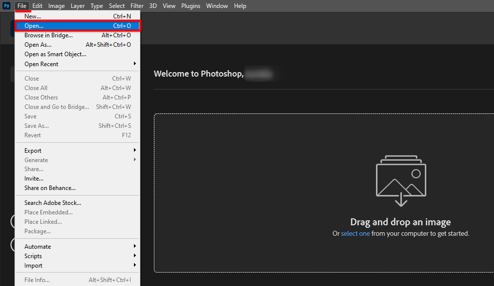 Go to Photoshop file menu and click open