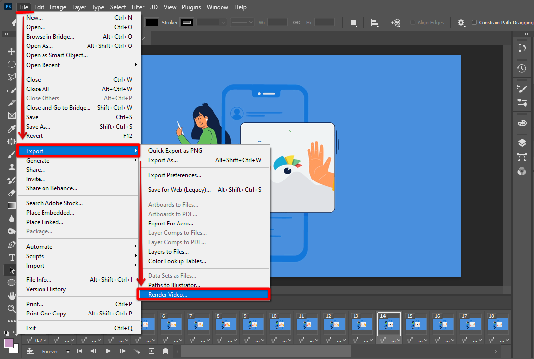 Go to Photoshop File menu and click Render video under the Export option