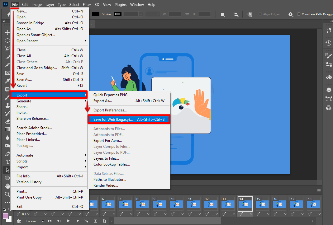 Go to Photoshop File menu and click Save for Web under the Export option