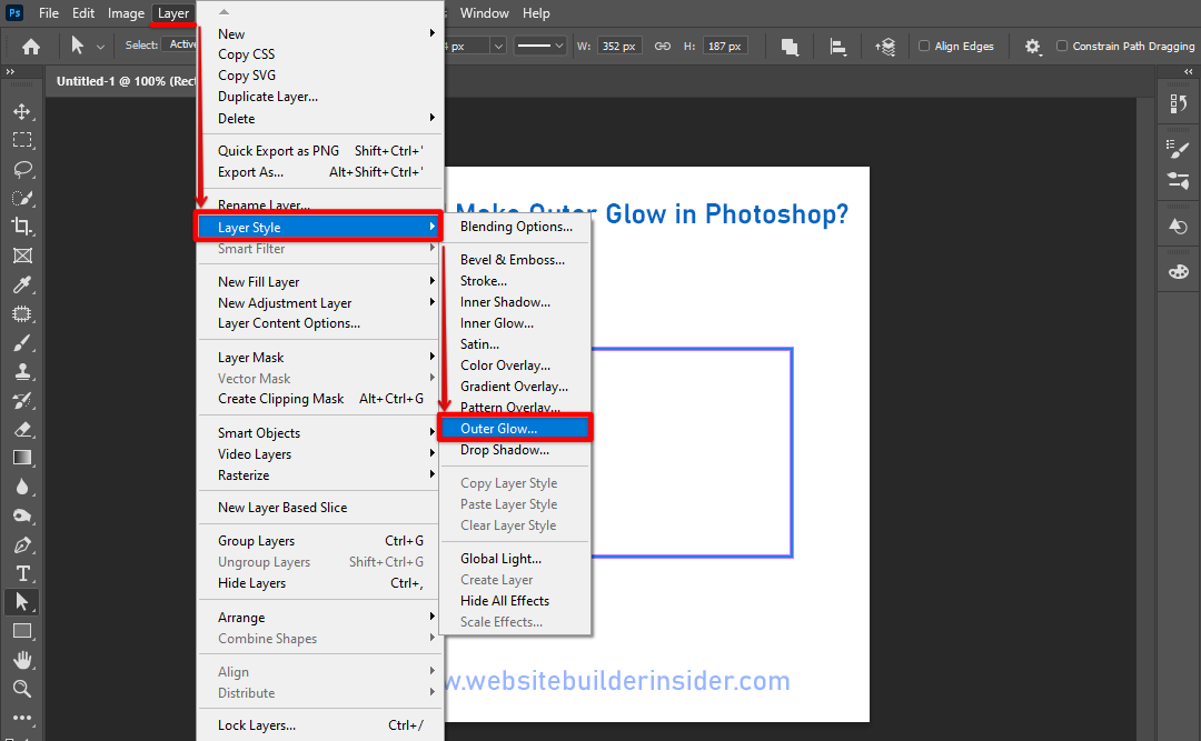 Go to Photoshop layer menu, click layer style then select outer glow