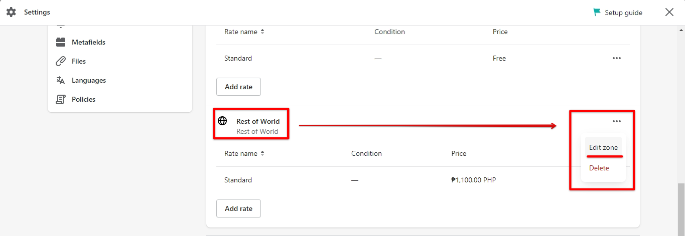 Go to rest of the world & edit zone shopify