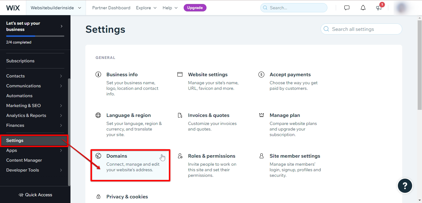 Go to settings domains Wix