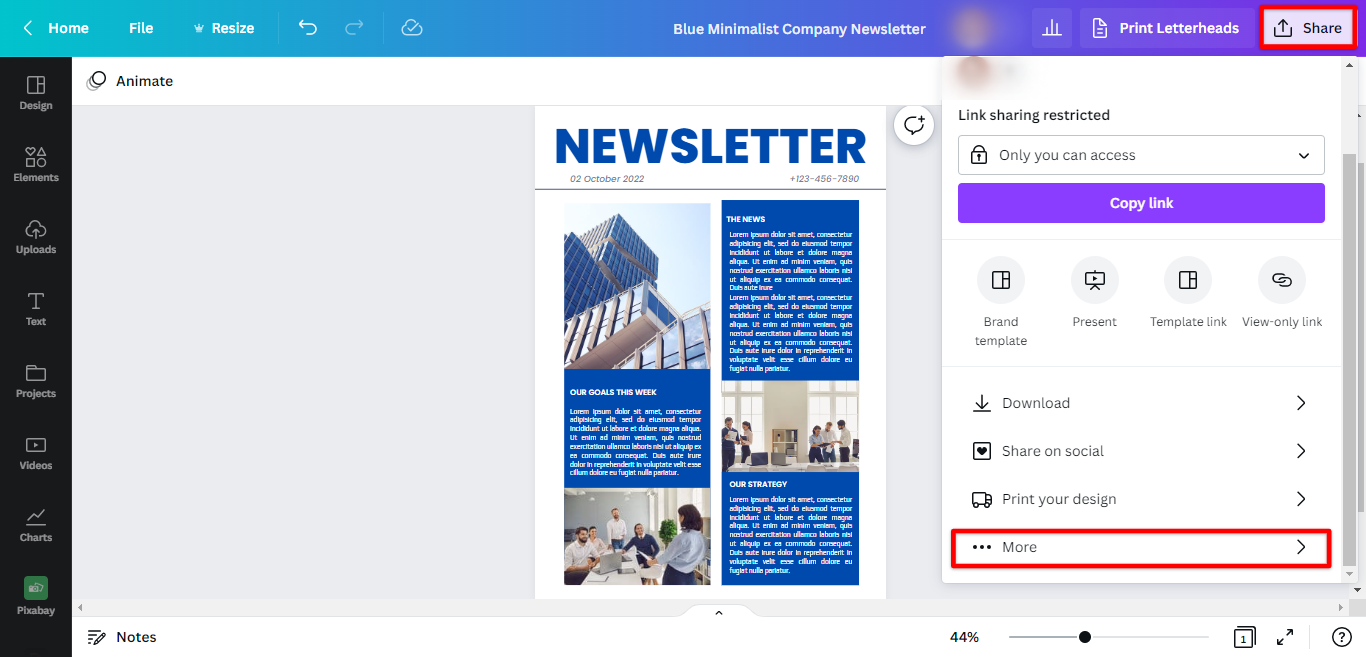 Go to share newsletter & click more Canva