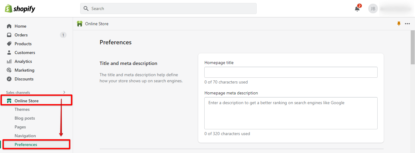Go to Shopify online store preferences