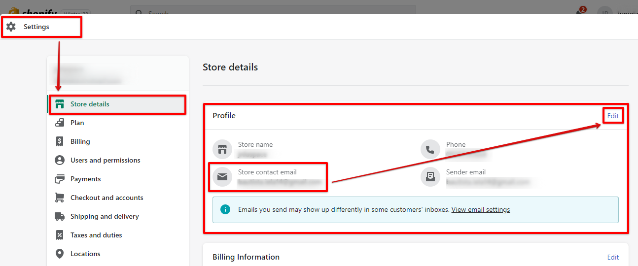 Go to Shopify settings and select the store details menu then click the profile edit link