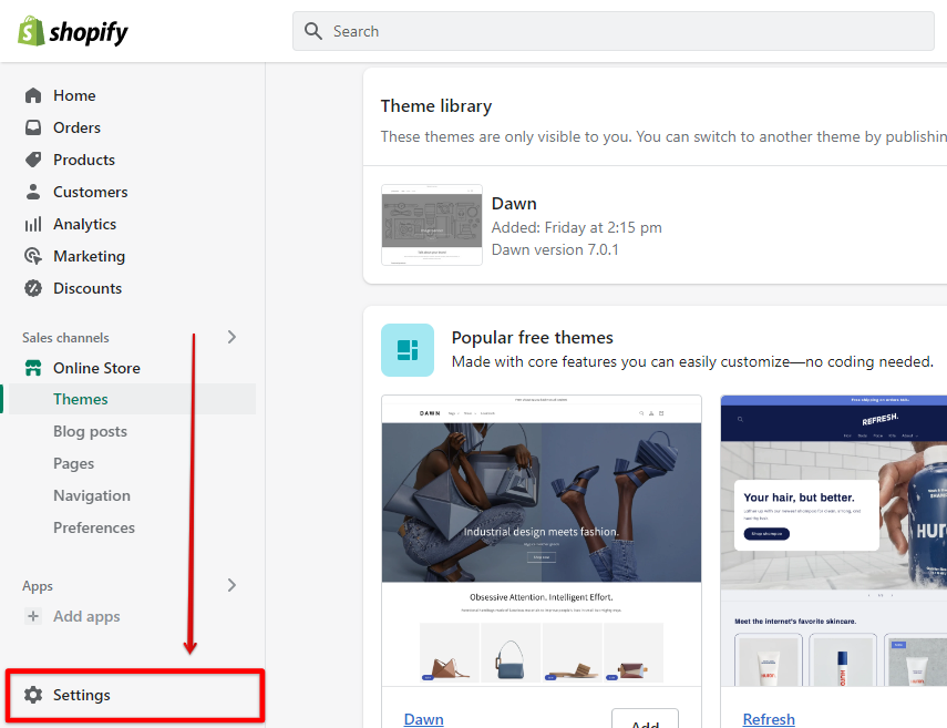 Go to Shopify settings