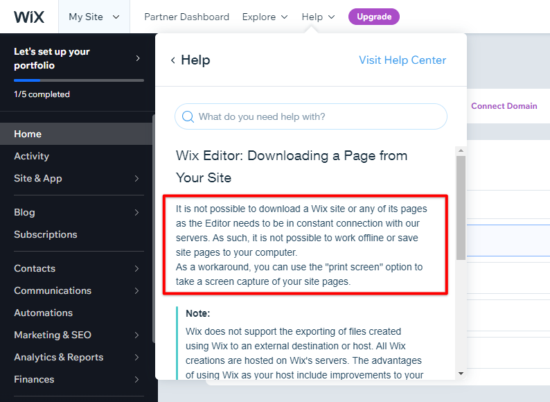Help center downloading Wix page explained