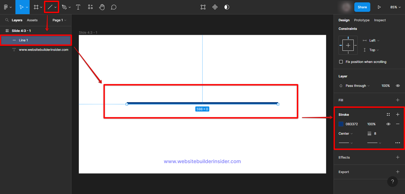 Hold down the shift key to draw a straight line in Figma