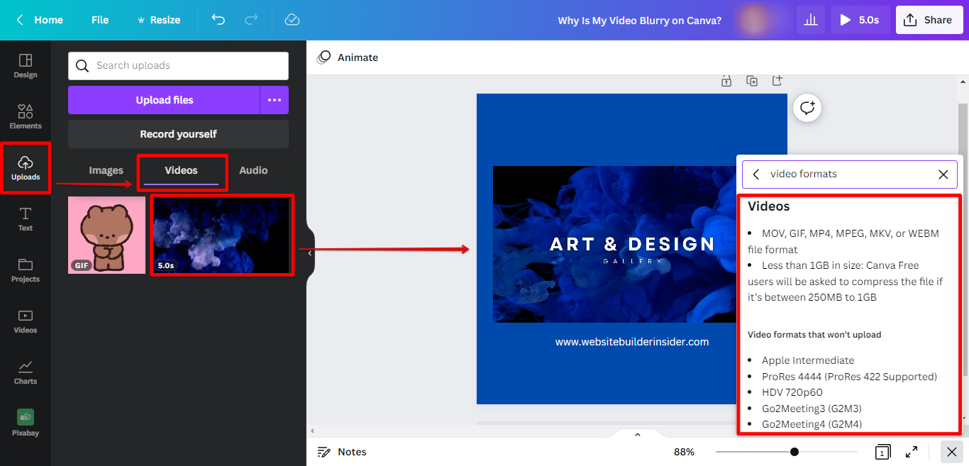 If uploaded video in Canva is blurry, click the help icon to know why
