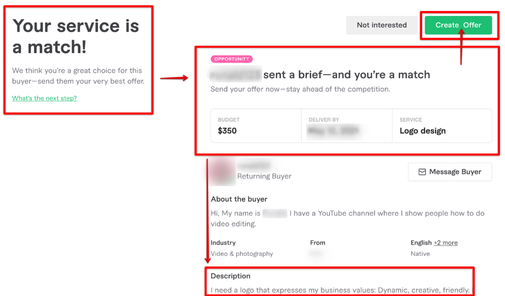 In the Fiverr buyer requests page, pick the request that you are most interested then click Create Offer