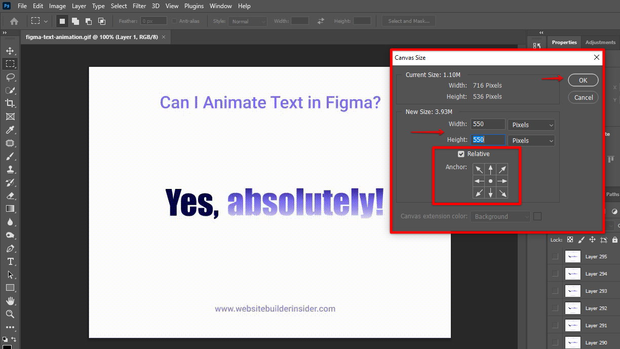 In the Photoshop canvas size dialog box, check the relative box and adjust constrains proportions