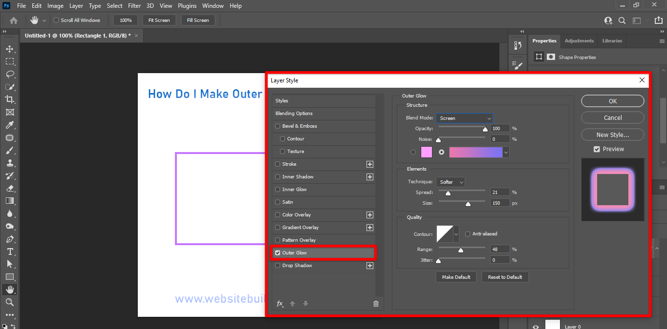 In the Photoshop layer style dialog box, select outer glow effect