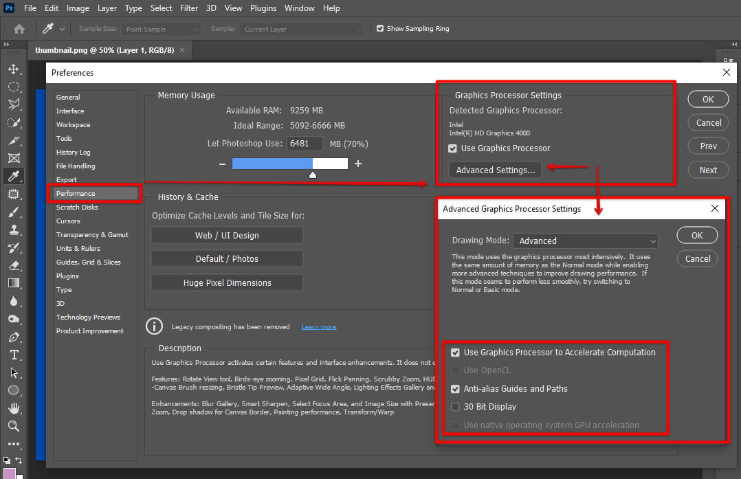In the Photoshop performance dialog box, check the Graphic Processor and open the Advanced settings to enable OpenGL