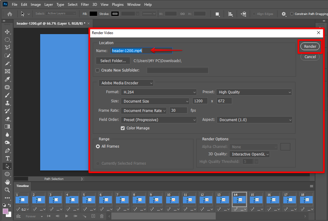 In the Photoshop Render video dialog box, adjust the settings to your preferences and click Render to save