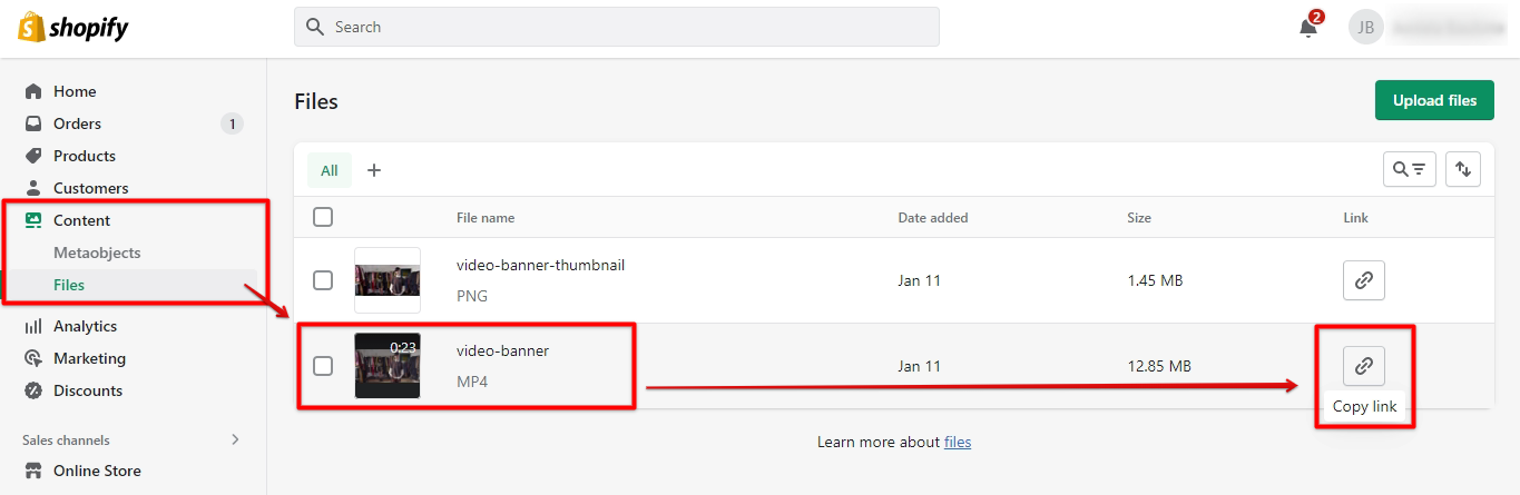 In the Shopify admin, click the content menu and select files then click the video you want to add then copy its link