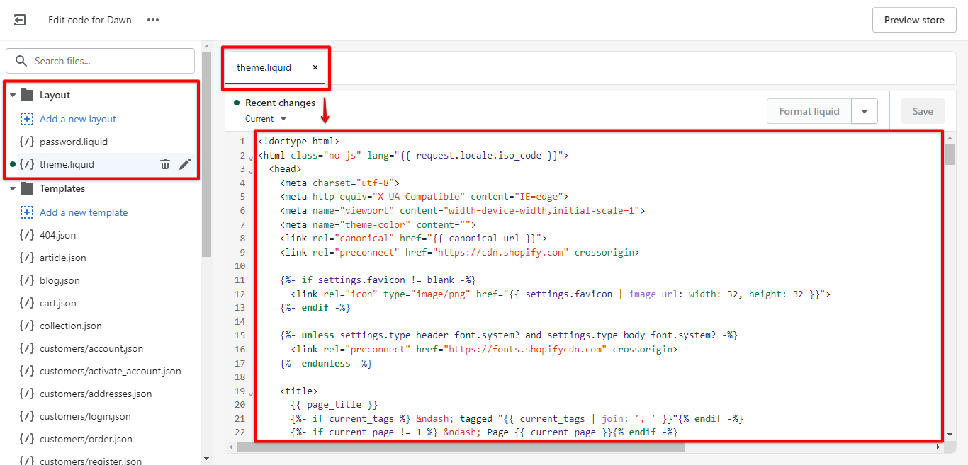 In the Shopify code editor, open the layout folder menu and click the theme liquid file