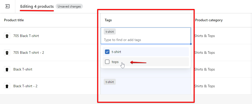 In the Shopify product bulk edit page, select all tags and uncheck the box of the tags to remove it