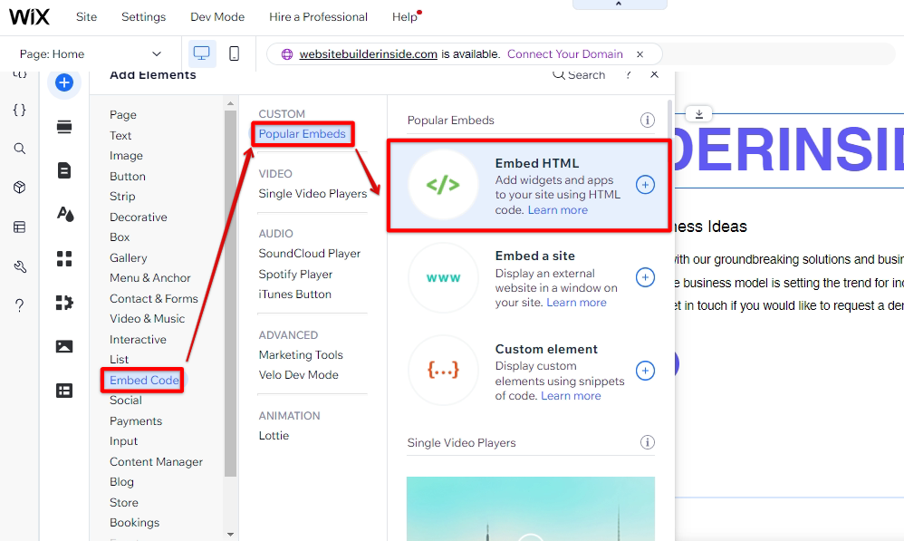 In the Wix Add Elements tab, click Embed HTML under the popular embed option and embed code menu