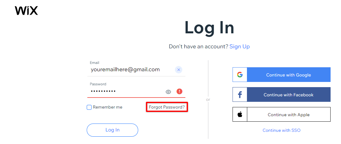 In Wix log in page, click Forgot Password if you repeatedly received error password message