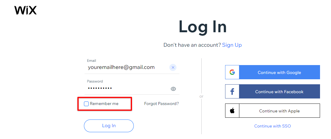 In Wix Log in page, leave the Remember Me option uncheck