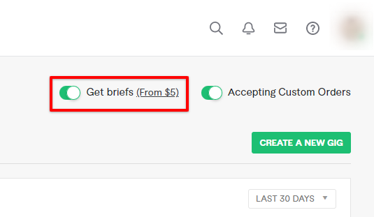 In your Gig dashboard, make sure to toggle on Get briefs to received a buyer match requests in Fiverr
