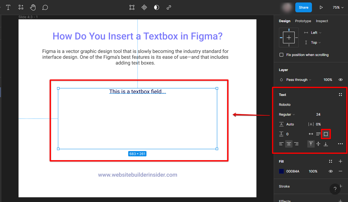 Insert text in the textbox field and format in Figma text properties panel