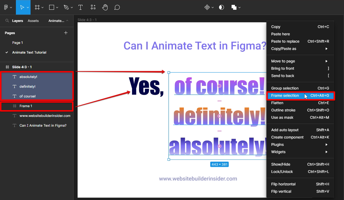 Make sure text to animate in Figma are on a frame