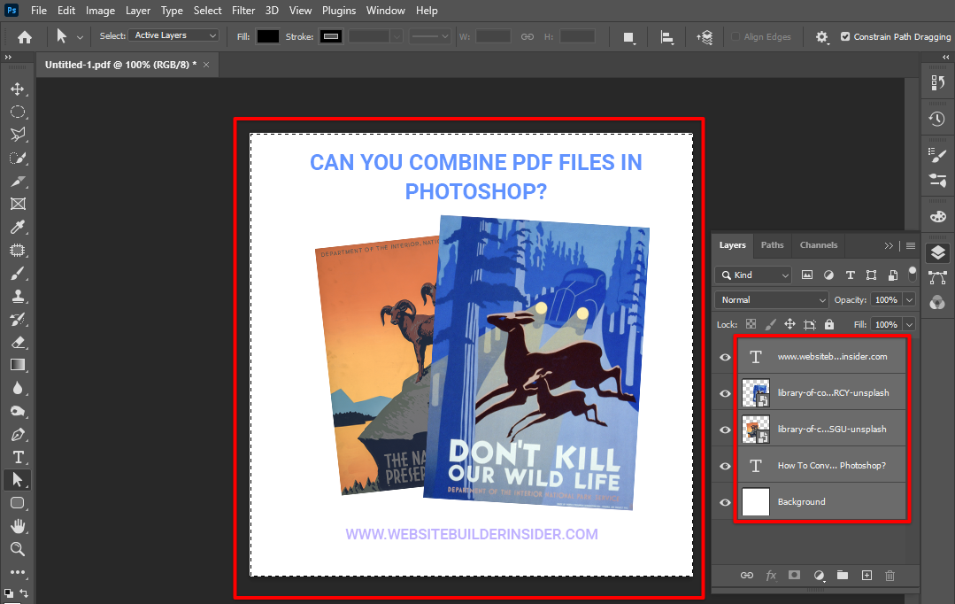 Once PDF file is open, select all its layers in Photoshop
