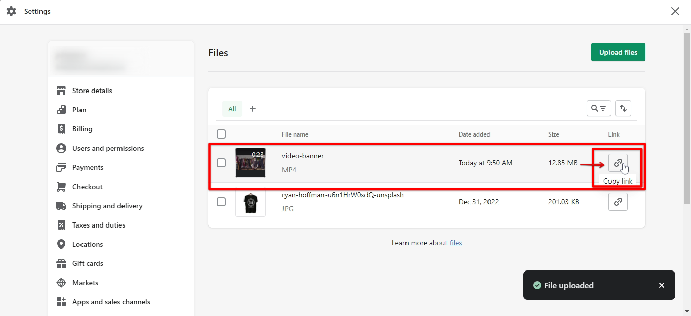 Once the video banner is uploaded in Shopify, click the copy link icon