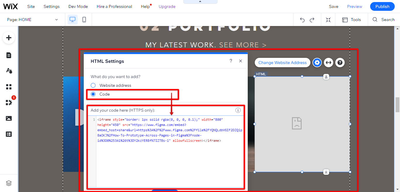 Paste Figma embed code to wix
