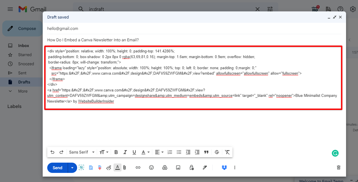 Paste the HTML code to the message body Canva