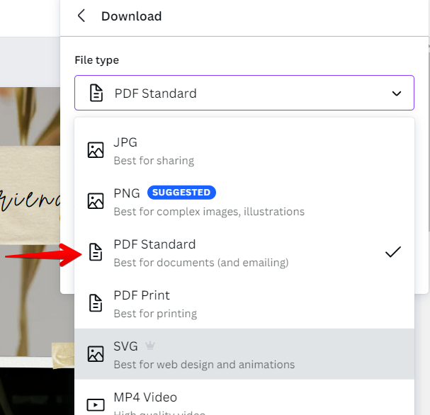 PDF Standard download documents in Canva