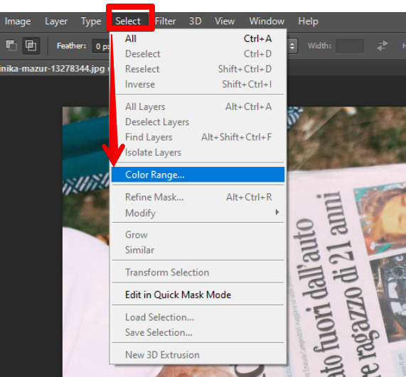 Photoshop select menu with color range
