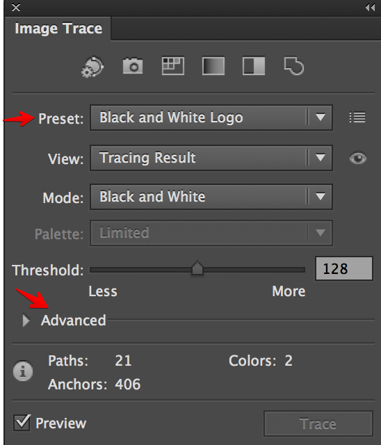 preset and advanced options in image trace dialogue box