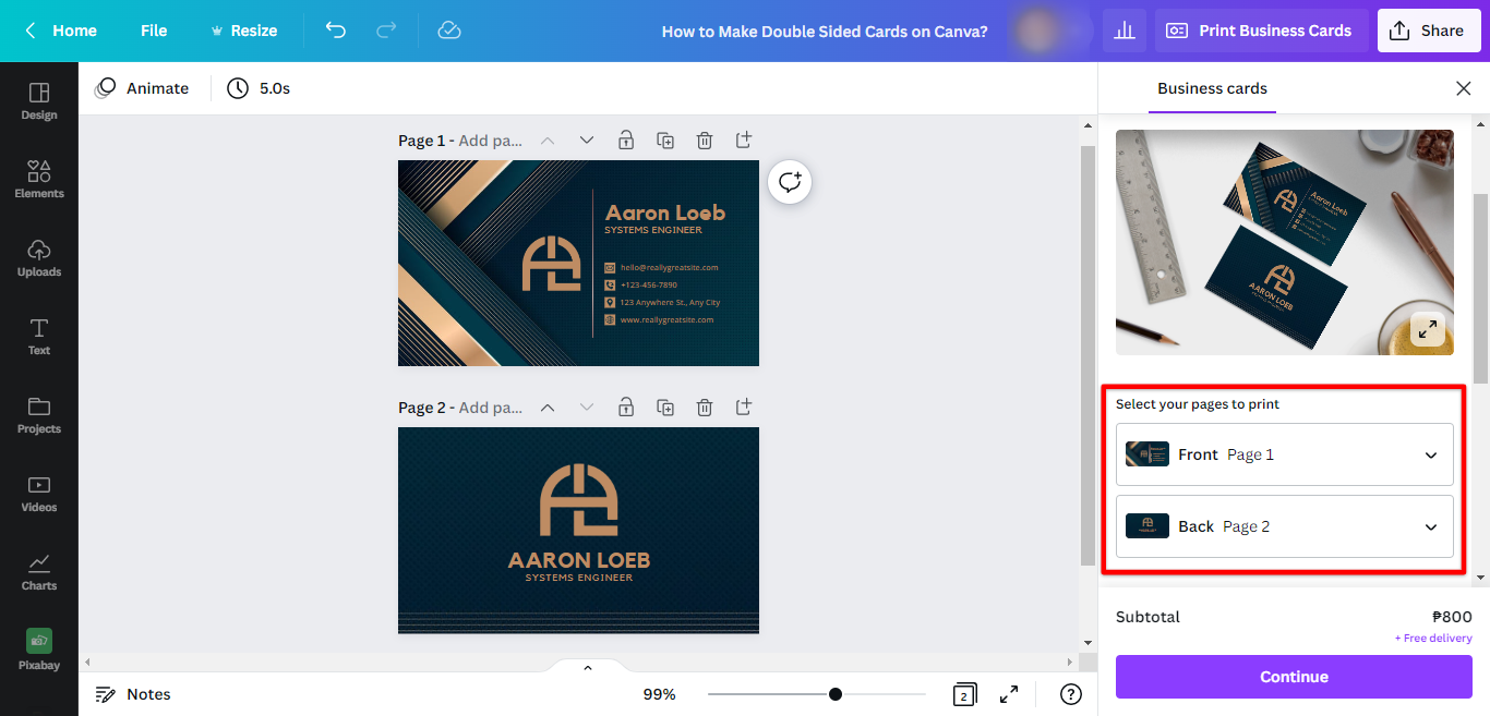Print your double sided cards in canva