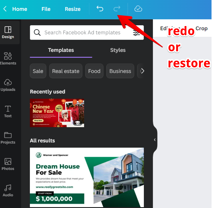 redo or restore button in Canva